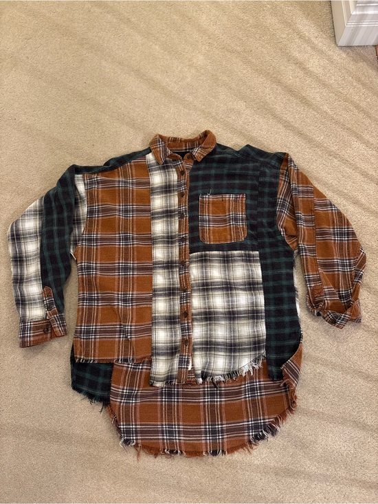 BDG Tops - BDG Patchwork Plaid Button-Down Shirt - Brown/Green/White